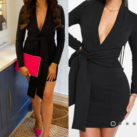 ASOS DESIGN Black Long Sleeve V Neck Mini Dress with Tie Belt in - Picture 2 of 12